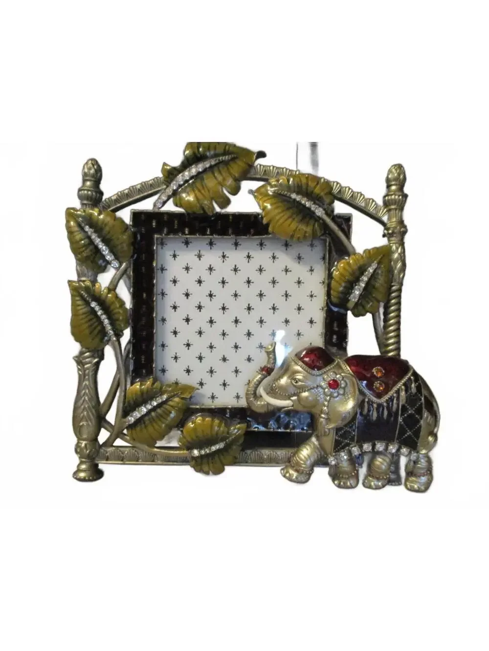 Ornate Jeweled Elephant Enamel Picture Frame - Vintage Style Boho Pewter As Is